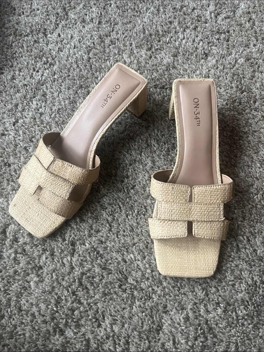 ON 34TH Beige Woven Square-Toe Mule Heels